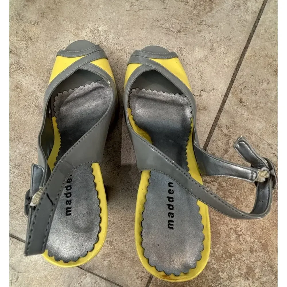 Madden Girl Slingback Heels Women’s Size 7 Yellow/Grey Kitten Heel
